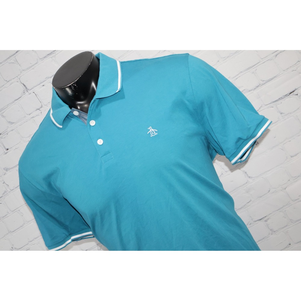 Original Penguin Polo Mens XL Teal Blue Tipped Collar Golf Cotton Shirt